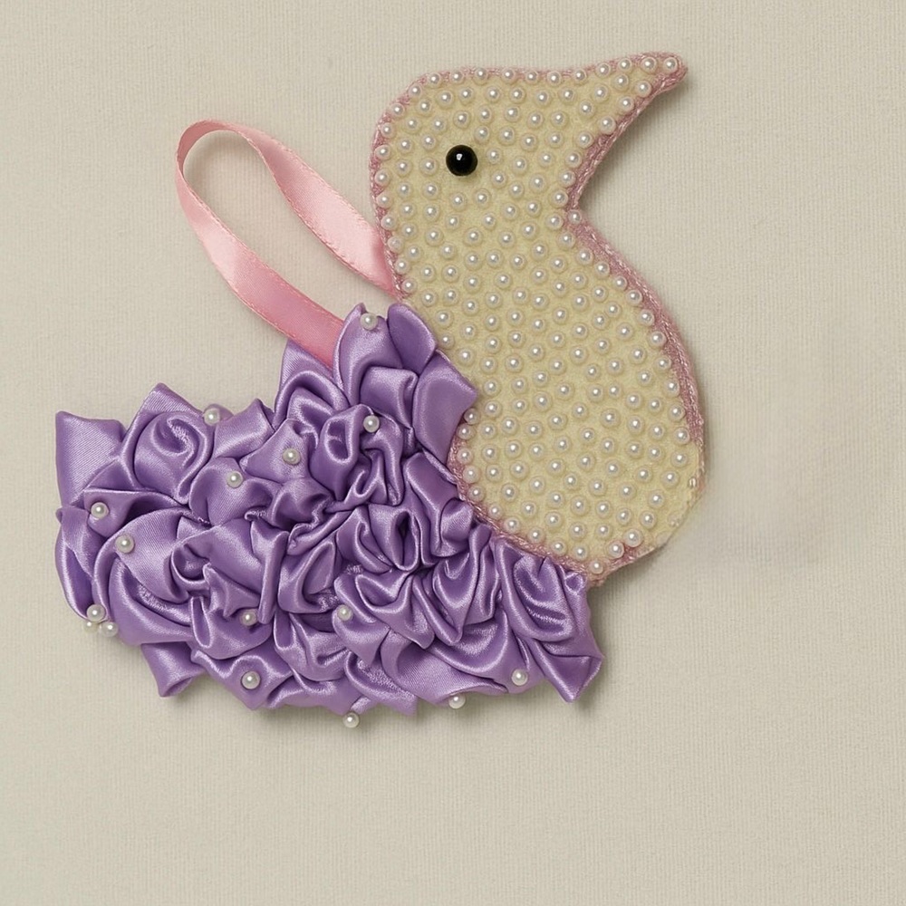 Handmade Beaded Bird Ornament Pair-Yellow & Purple Satin Ribbon with PearlsDecor - Picture 3 of 5